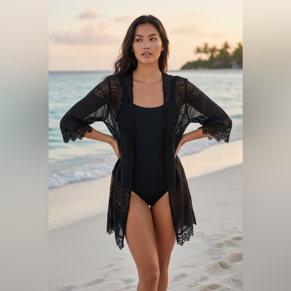 Black Lace Kimono Swim Cover Up Sheer Beach Cardigan Small Resort Boho